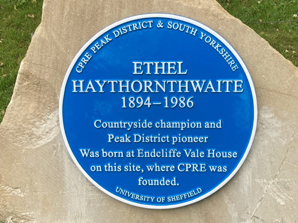 Blue heritage plaque commemorating the life of Ethel Haythornthwaite