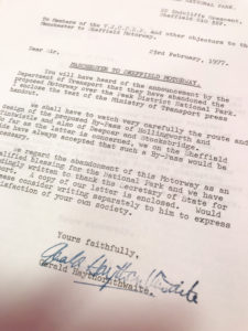 Letter written by Gerald Haythornthwaite when plans for the Longdendale motorway were abandoned in 1977
